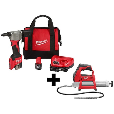 Milwaukee Tool M12 Rivet Tool Kit + M12 Cordless LITHIUM-ION Grease Gun 2550-22, 2446-20