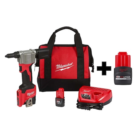 Milwaukee Tool M12 Rivet Tool Kit + M12 HIGH OUTPUT CP2.5 Battery Pack 2550-22, 48-11-2425