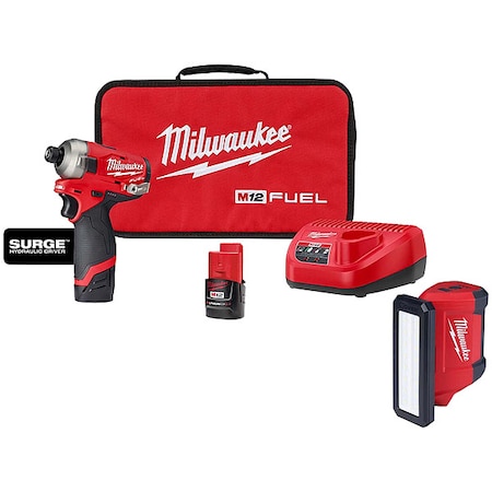Milwaukee Tool M12 FUEL SURGE 1/4" Hex Hydraulic Driver Kit + M12 ROVER Service & Repair Flood Light USB Charging 2551-22, 2367-20