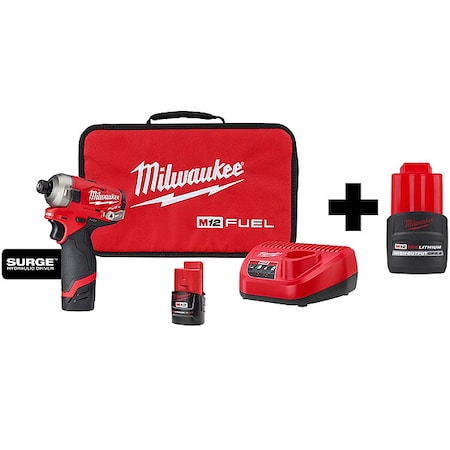 Milwaukee Tool M12 FUEL SURGE 1/4" Hex Hydraulic Driver Kit + M12 HIGH OUTPUT CP2.5 Battery Pack 2551-22, 48-11-2425