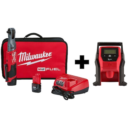 Milwaukee Tool M12 FUEL 3/8" Ratchet 2 Battery Kit + M12 Compact Inflator 2557-22, 2475-20