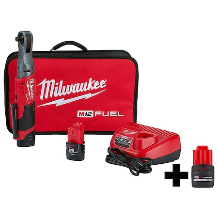 Milwaukee Tool M12 FUEL 3/8" Ratchet 2 Battery Kit + M12 HIGH OUTPUT CP2.5 Battery Pack 2557-22, 48-11-2425