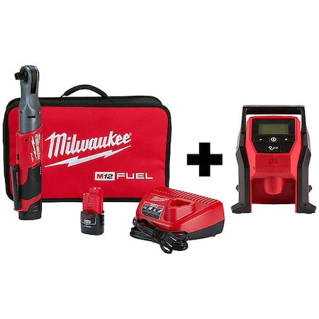 Milwaukee Tool M12 FUEL 1/2" Ratchet 2-Battery Kit + M12 Compact Inflator 2558-22, 2475-20