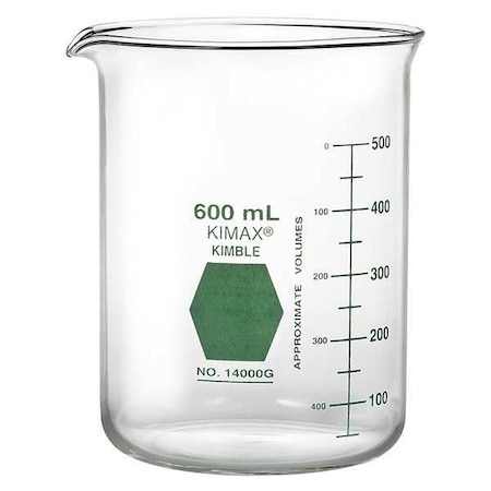 Kimble Chase Colorware Beaker, Borosilicate Glass, Low Form, 600 mL / 20.28 fl oz Capacity, A Type I, 6 PK 14000G-600