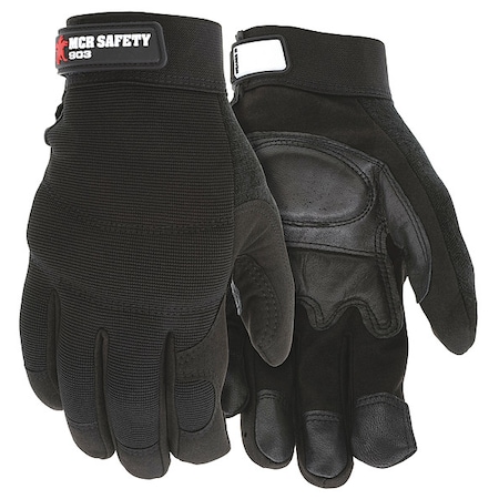 Mcr Safety Mechanics Gloves, Goatskin, Nylon, Spandex(R), Hook-and-Loop Cuff, Wing Thumb, Full Finger, Black 903XL
