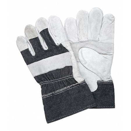 Mcr Safety Leather Palm Gloves, Cotton, Safety Cuff, Wing Thumb, Gray Palm, Blue and Gray Back, L, 12 PK 1220DX