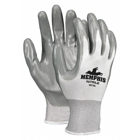 Mcr Safety Coated Gloves, Nitrile, Flat, 3/4 Dip, 4 Abrasion Level, White/Gray, S 12 PK 9679XS
