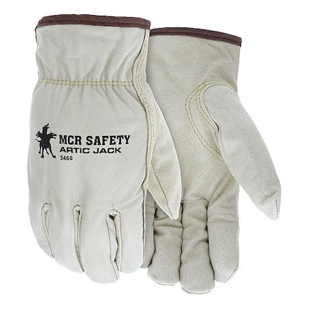Mcr Safety Leather Gloves, Grain Pigskin Leather Palm, Shirred Slip-On Cuff, Beige, 12 PK 3460L