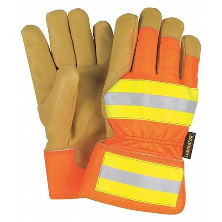 Mcr Safety Hi-Vis Cold Protection Gloves, Pigskin Palm, Safety Cuff, Tan, 12 PK 19261S