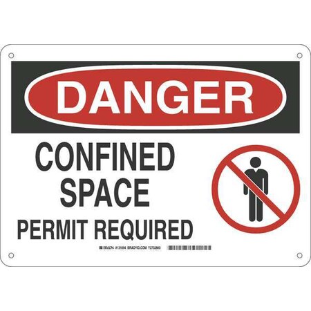 Brady Danger Sign, 10 in H x 14 in W, Fiberglass, Rectangle, Confined Space Permit Required 131694