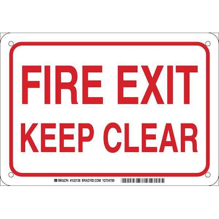 Brady Fire Exit Sign, Aluminum, 10" W, 7" H, Fire Exit Keep Clear, White 132138