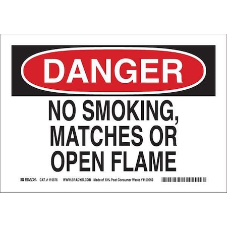 Brady Danger No Smoking Sign, 7" H, 10" W, Plastic, Rectangle, English, 116140 116140