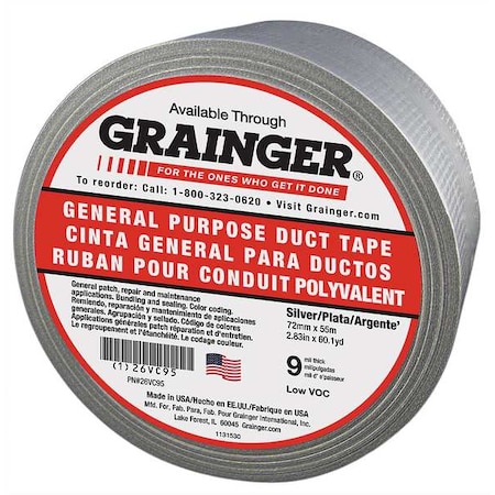 Zoro Select Duct Tape, Gray, 60-1/8 yd L, 2-7/8 in W 26VC95