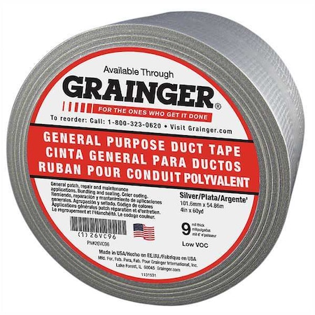 Zoro Select Duct Tape, Gray, 60-1/8 yd L, 4 in W 26VC96