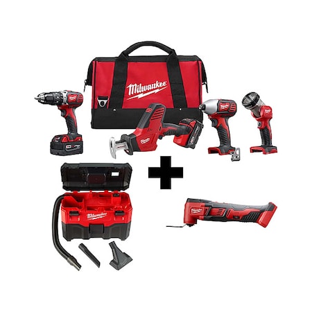 Milwaukee Tool M18 Cordless LITHIUM-ION 4-Tool Combo Kit + M18 Cordless Multi-Tool + M18 2-Gallon Wet/Dry Vacuum 2695-24, 0880-20, 2626-20