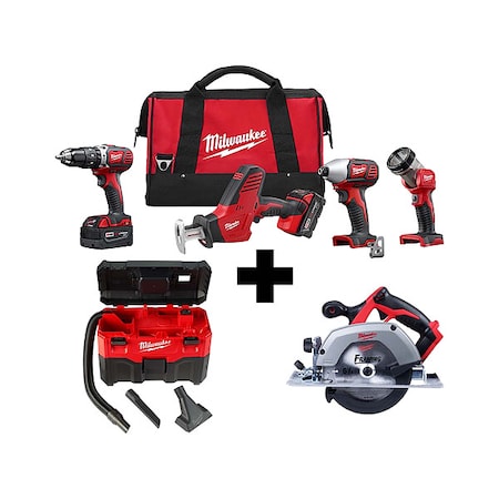 Milwaukee Tool M18 2-Gallon Wet/Dry Vacuum + M18 Cordless LITHIUM-ION 4-Tool Combo Kit + M18 6-1/2" Circular Saw 2695-24, 0880-20, 2630-20
