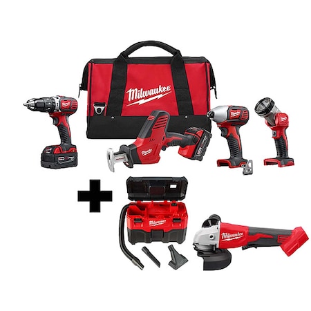 Milwaukee Tool M18 2-Gallon Wet/Dry Vacuum + M18 Brushless 4-1/2" / 5" Cut-Off Grinder  + M18 Cordless 4-Tool Kit 2695-24, 0880-20, 2686-20