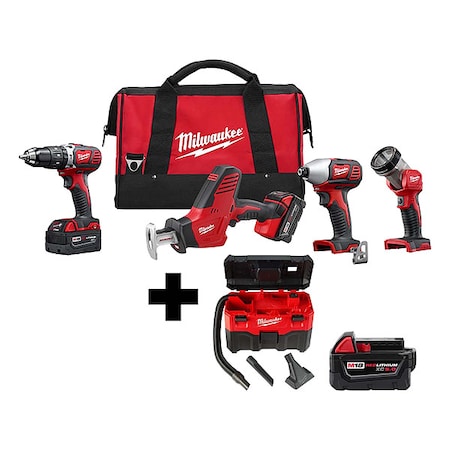 Milwaukee Tool M18 2-Gallon Wet/Dry Vacuum + M18 Cordless LITHIUM-ION 4-Tool Combo Kit + M18 XC5.0 Battery 2695-24, 0880-20, 48-11-1850