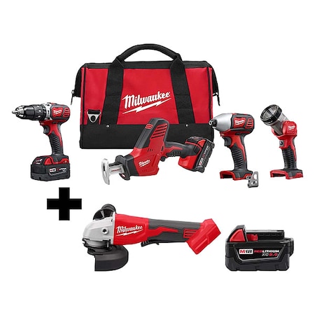 Milwaukee Tool M18 Brushless 4-1/2" / 5" Cut-Off Grinder + M18 Cordless LI-ION 4-Tool Kit + M18 XC5.0 Battery 2695-24, 2686-20, 48-11-1850