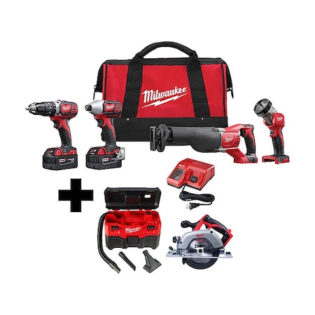 Milwaukee Tool M18 2-Gallon Wet/Dry Vacuum + M18 6-1/2" Circular Saw + M18 Cordless LI-ION 4-Tool Combo Kit 2696-24, 0880-20, 2630-20