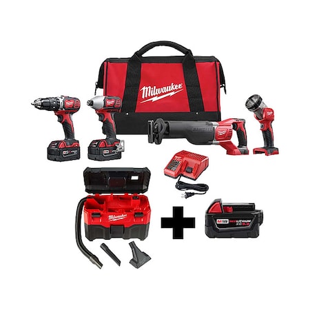 Milwaukee Tool M18 2-Gallon Wet/Dry Vacuum + M18 XC5.0 Battery + M18 Cordless LI-ION 4-Tool Combo Kit 2696-24, 0880-20, 48-11-1850
