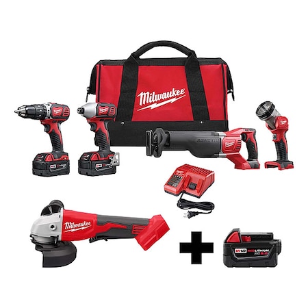 Milwaukee Tool M18 Brushless 4-1/2" / 5" Cut-Off Grinder + M18 LI-ION Cordless 4-Tool Kit + M18 XC5.0 Battery 2696-24, 2686-20, 48-11-1850