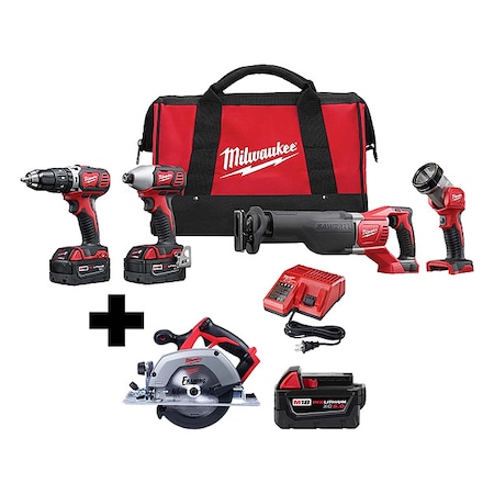 Milwaukee Tool M18 Cordless LI-ION 4-Tool Combo Kit + M18 6-1/2" Circular Saw + M18 XC5.0 Battery 2696-24, 2630-20, 48-11-1850