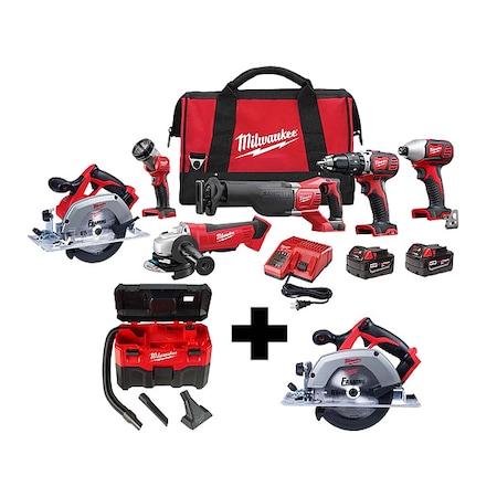 Milwaukee Tool M18 Cordless 6-Tool Combo Kit + M18 2-Gallon Wet/Dry Vacuum + M18 6-1/2" Circular Saw 2696-26, 0880-20, 2630-20