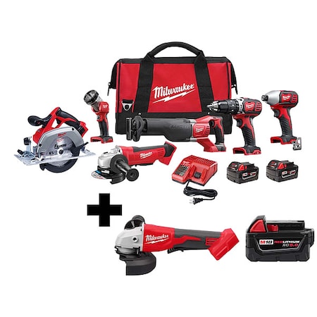 Milwaukee Tool M18 Cordless 6-Tool Combo Kit + M18 Brushless 4-1/2" / 5" Cut-Off Grinder + M18 XC5.0 Battery 2696-26, 2686-20, 48-11-1850