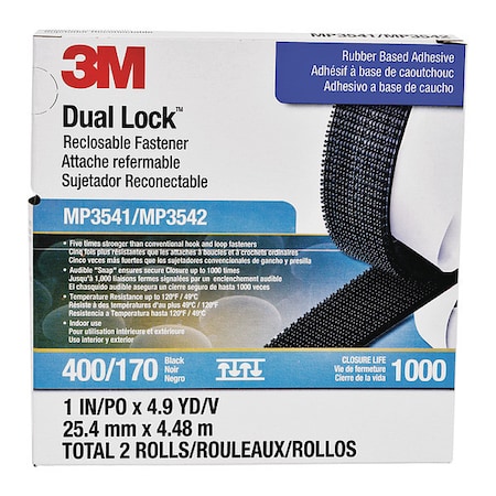 3M Reclosable Fastener, Acrylic Adhesive, 4.9 yds, 1 in W, Black, 5 PK MP3541/MP3542