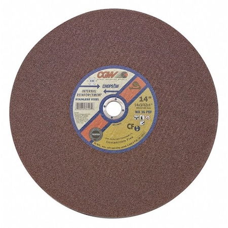 Cgw Abrasives Abrasive Cut-Off Wheel, Type 1, 14 in Dia, 3/32 in Thick, 1 in Arbor Hole Size, 36 Grit 36123