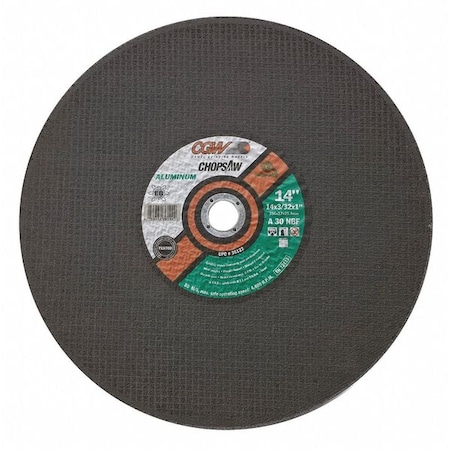 Cgw Abrasives Abrasive Cut-Off Wheel, Type 1, 14 in Dia, 3/32 in Thick, 1 in Arbor Hole Size, Aluminum Oxide 36122