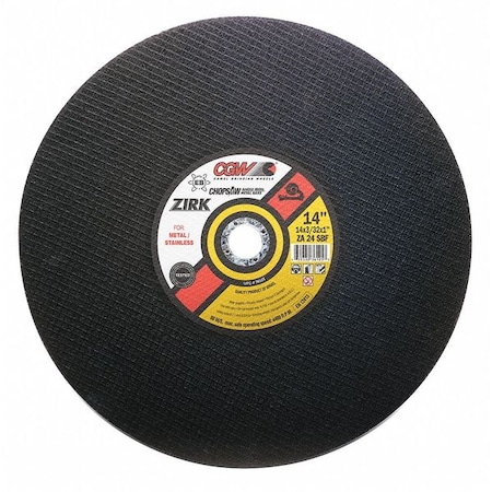 Cgw Abrasives Abrasive Cut-Off Wheel, Type 1, 14 in Dia, 3/32 in Thick, 1 in Arbor Hole Size, 24 Grit 36125