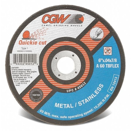 Cgw Abrasives Abrasive Cut-Off Wheel, Type 1, 7 in Dia, 1/16 in Thick, 7/8 in Arbor Hole Size, 60 Grit 45013