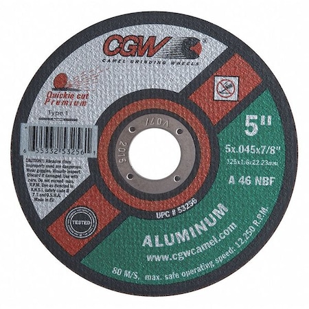 Cgw Abrasives Abrasive Cut-Off Wheel, Type 1, 5 in Dia, 0.045 in Thick, 7/8 in Arbor Hole Size, Aluminum Oxide 53256