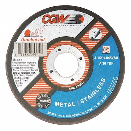 Cgw Abrasives Abrasive Cut-Off Wheel, Type 1, 5 in Dia, 0.045 in
