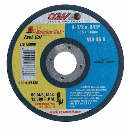 Cgw Abrasives Abrasive Cut-Off Wheel, Type 1, 4-1/2 in Dia, 0.045 in Thick, 7/8 in Arbor Hole Size, WA46-R Series 35130
