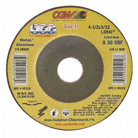 Cgw Abrasives Abrasive Cut-Off Wheel, Type 27, 4-1/2 in Dia, 3/32 in Thick, 5/8 in-11 Arbor Hole Size, 36 Grit 45219