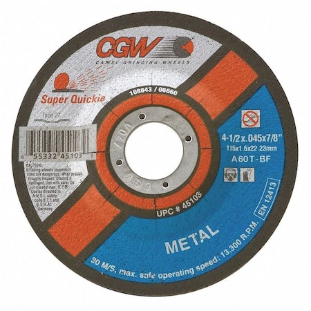 Cgw Abrasives Depressed Ctr Whl, 4.5x0.045x5/8-11, T27 45152