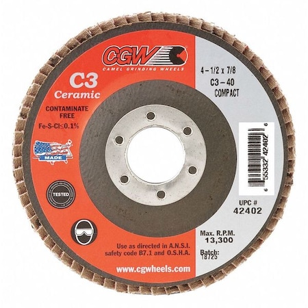 Cgw Abrasives Flap Disc, 4.5x7/8, C3, Cmpct Cer, Reg, 40G 42402