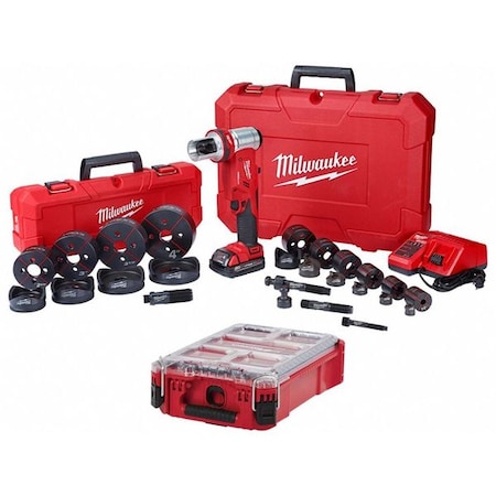 Milwaukee Tool M18 FORCE LOGIC 6T Knockout Tool 1/2" - 4" Kit + PACKOUT Compact Organizer 2677-23, 48-22-8435