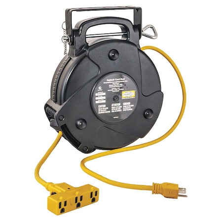 Hubbell Wiring Device-Kellems Cord Reel, Spring Retracted, NEMA 5-15R, 12 AWG, Black Reel Color, 40 ft Length, 3 Outlets HBLC40123TT