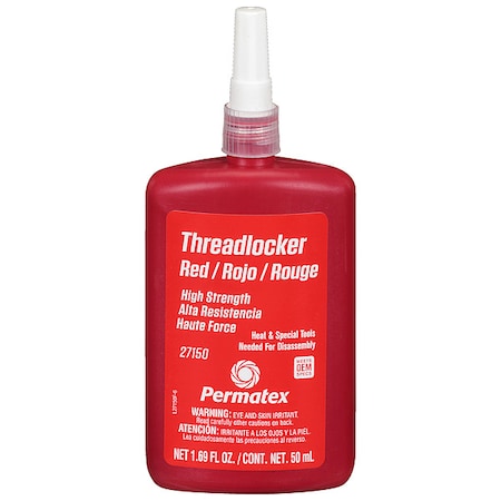 Permatex Threadlocker, PERMATEX, Red, High Strength, Liquid, 50 mL Bottle 27150