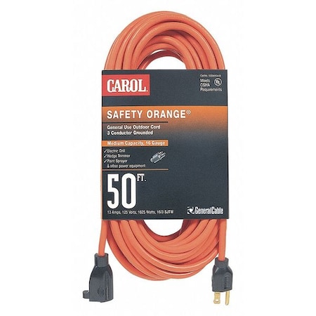 Carol Outdoor Ext. Cord, SJTW, 12/3, 50 ft., Org, 12/3, Orange, 50 ft. 06853.63.04