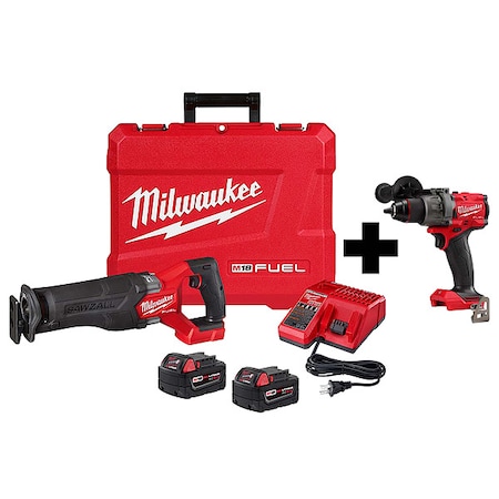 Milwaukee Tool M18 FUEL 1/2" Hammer Drill/Driver + M18 FUEL SAWZALL Reciprocating Saw - 2 Battery XC5.0 Kit 2821-22, 2904-20