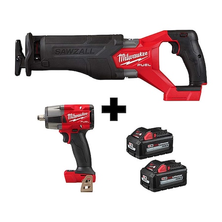 Milwaukee Tool M18 FUEL SAWZALL Recip Saw + M18 FUEL 1/2" Mid-Torque Impact Wrench + M18 XC6.0 Batteries 2PK 2821-20, 2962-20, 48-11-1862