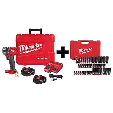 Milwaukee Tool M18 FUEL 3/8" Compact Impact Wrench w/ Friction Ring Kit + 43PC SHOCKWAVE 3/8" Drive Socket Set 2854-22R,49-66-7009