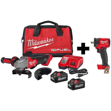 Milwaukee Tool M18 FUEL 1/2" Compact Impact Wrench w/ Friction Ring + M18 FUEL 4-1/2" / 5" Braking Grinder Kit 2880-22, 2855-20