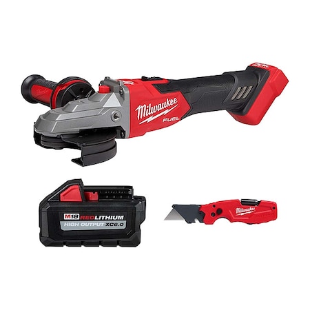 Milwaukee Tool M18 FUEL 5" Flathead Braking Grinder + FASTBACK 6-IN-1 Folding Utility Knife + M18 XC6.0 Battery 2887-20, 48-11-1865, 48-22-1505