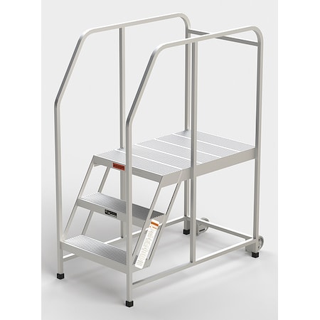 Ega Aluminum Mobile Work Platform, 3 Steps, Handrails, 36"D Platform, Solid Ribbed Tread A004H
